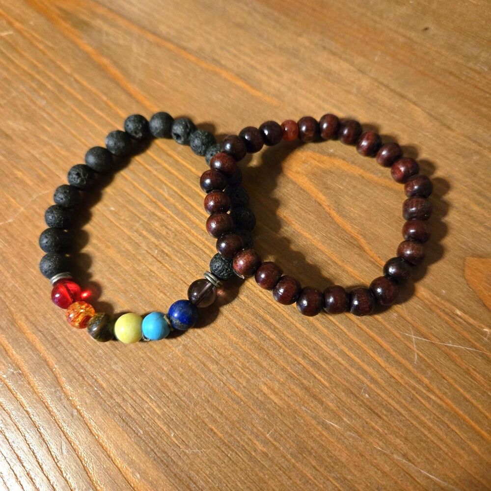 (2) 7-Chakra Volcanic Lava & Wood Prayer Bead Bracelets